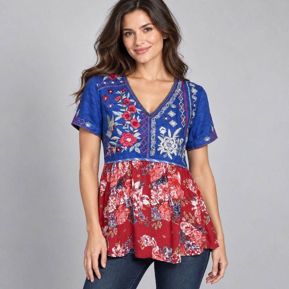 John Mark Linen Hummingbird Embroidered Floral Peplum Top S Blue Red Boho